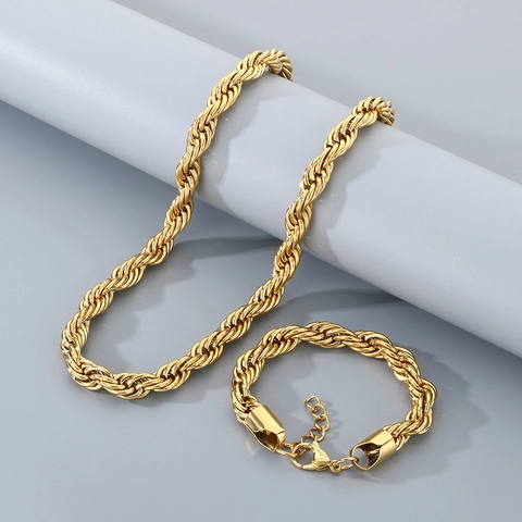 Men's Hip Hop Necklace And Bracelet Stainless Steel Twisted Rope Chain Chunky Fashion Jewelry Electroplated Metal