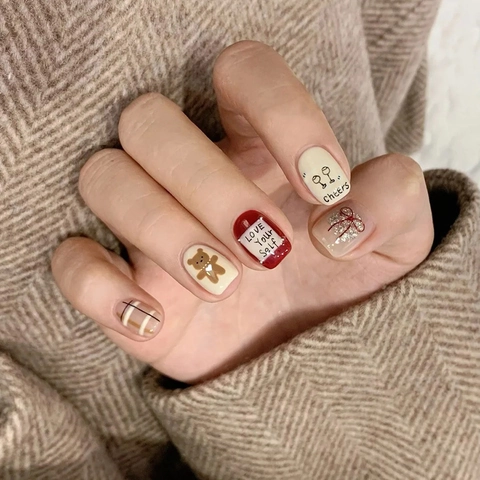 Press On Nails Short Square ABS Plastic Bear Bow Grid Design Cute Sweet Style For Women False Nail Tips