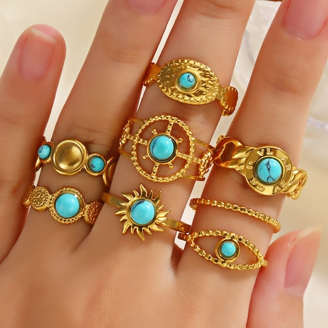 Vintage Bohemian Adjustable Open Ring Stainless Steel Gold Plated Inlaid Natural Stone Turquoise Jewelry For Women Retro