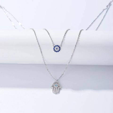925 Sterling Silver Double Layer Evil Eye Hamsa Hand Pendant Necklace For Women Gold Silver Plated Rhinestone Jewelry
