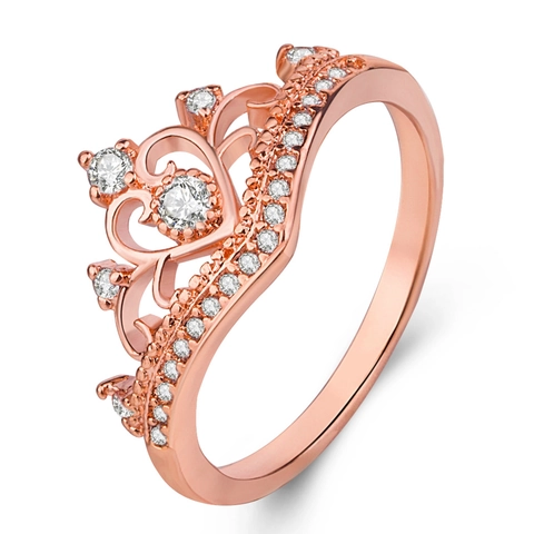 Crown Tiara Ring Cubic Zirconia Heart Hollow Design White Gold Rose Gold Plated Princess Jewelry For Women