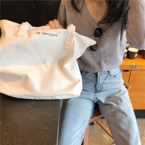 Dames Canvas Tote Tas Grote Capaciteit Rits Sluiting Letter Print Eenvoudige Stedelijke Stijl Dagelijkse Schoudertas Handtas
