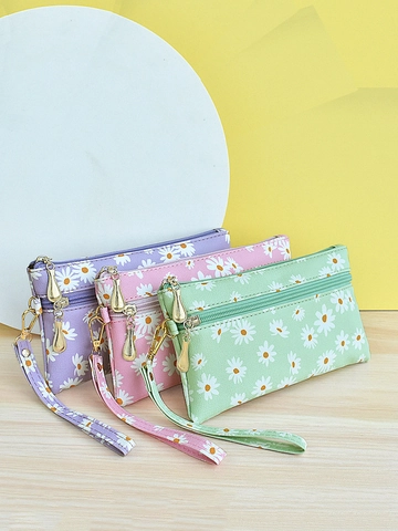 Daisy Print Wristlet Clutch Bag PU Leather Double Zipper Small Square Pouch For Phone And Coins Women