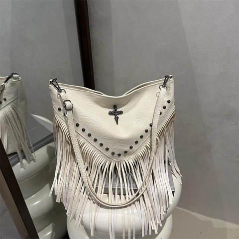 Women Vintage PU Leather Shoulder Bag Large Capacity Crossbody With Tassel Rivets And Cross Gothic Punk Style