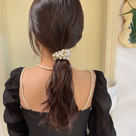 Elegant Imitation Artificial Pearl Hair Ties For Women Flower Crystal Elastic Hair Bands Bracelet Dual Use Floral Headwear Accessory
