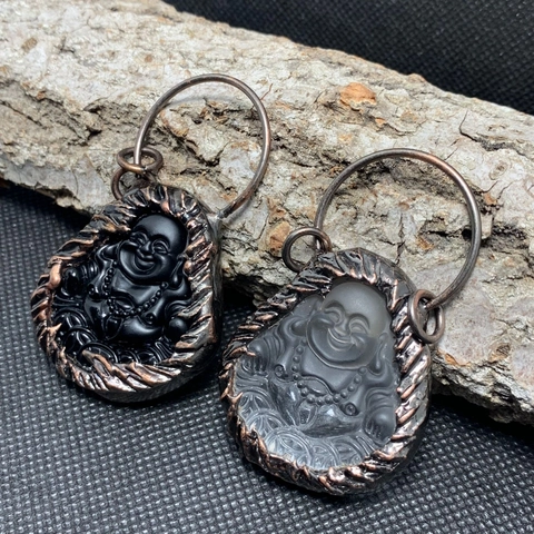 Maitreya Laughing Buddha Pendant Glass Carved Vintage Copper Edge Ethnic Zen Religious Jewelry For Men Women