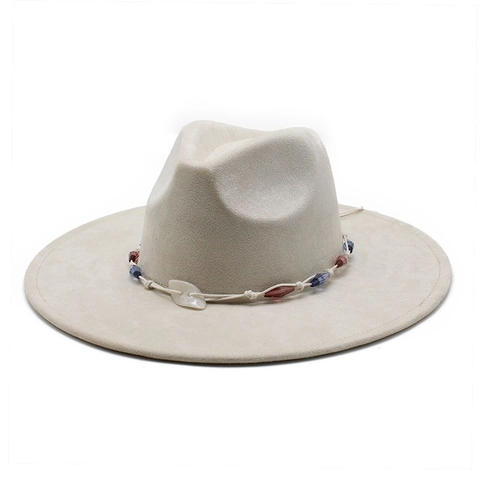 Vintage Fedora Hat Ethnic Style Wide Brim Suede Polyester With Decorative Beads And Shell Pendant For Men Women Jazz Style