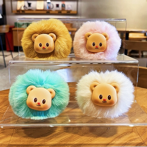 Cute Plush Faux Fur Ball Bear Keychain With Metal Ring Soft Cartoon Bear Head Bag Pendant For Women Girls