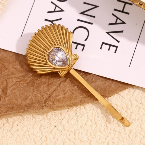 Vintage Scallop Shell Haarklammer Edelstahl 18K Vergoldet Tränentropfen Zirkon Eleganter Haarnadel Für Frauen