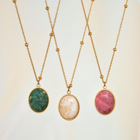 Collana a Sfere in Acciaio Inossidabile Placcato Oro 14K Vintage per Donna Ciondolo in Pietra Naturale Ovale Gioielli