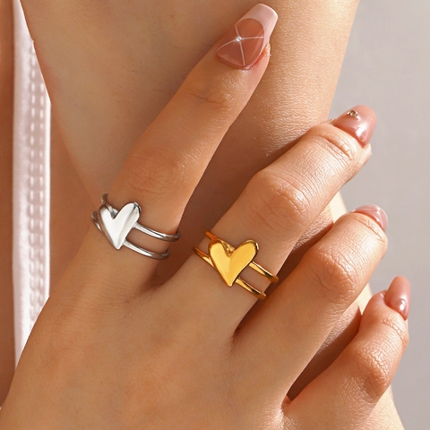 Heart Shape Open Ring Stainless Steel Double Layer Adjustable Minimalist Fashion Jewelry For Women Daily Wear