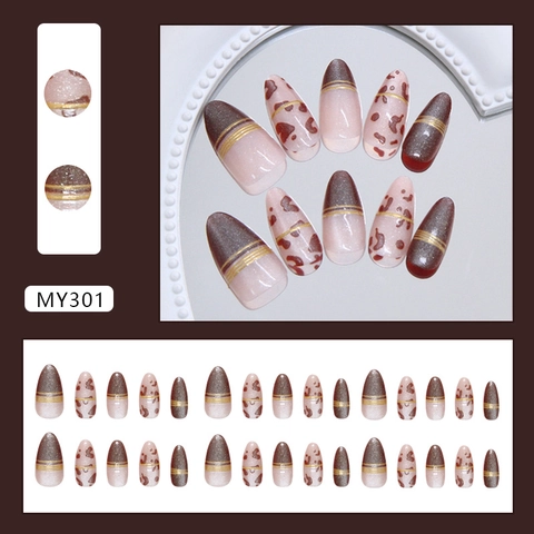 Französische Cat Eye Press On Nägel Leopardenmuster Goldene Linien Mandelform Herbstbraun ABS Falsche Nägel Für Frauen