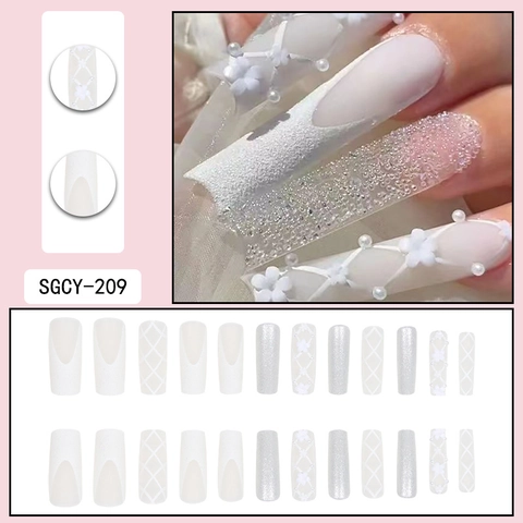 Lange Vierkante Kunstnagels Met 3D-Bloemen Kunstparels Witte Strik Glitter Elegante Bruid Bruiloft Valse Nagels