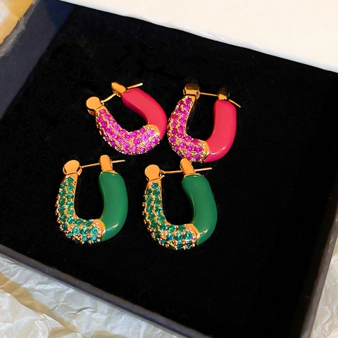 Vintage U-Shaped Hoop Earrings Copper With Zircon Enamel Geometric Elegant Jewelry Steel Earring Post