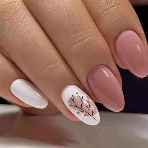 Press On Nails Almond Shape Lotus Root Powder Pink White Glossy Branch Pattern False Nails For Women Wearable