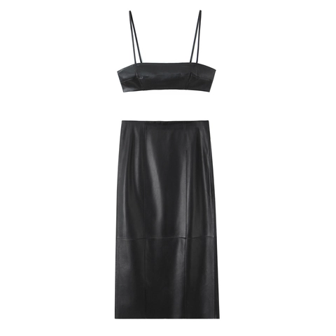 Faux Leather Camisole Crop Top And Midi Skirt Solid Color Sexy Streetwear Fashion For Women Black