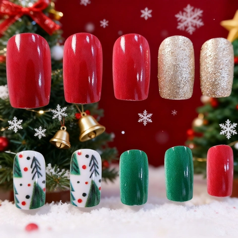 Christmas Press On Nails Short Square Christmas Tree Red Green Gold Glitter False Nails For Holiday Party Women