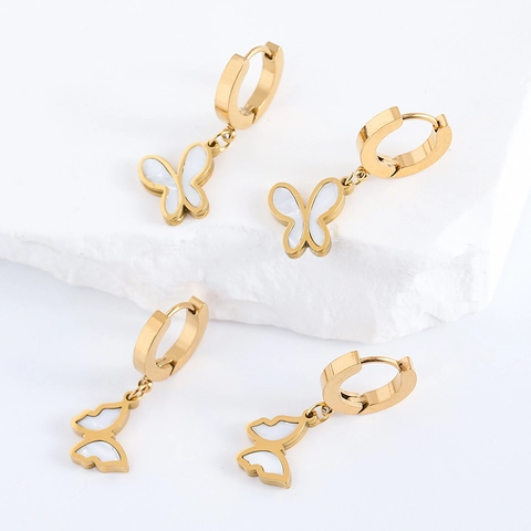 Schmetterling Anhänger Creolen 304 Edelstahl 18K Vergoldet Weiß Perlmutt Retro Elegant Damen