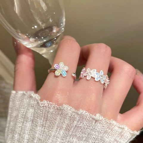 Anello Regolabile Smalto Fiore Farfalla Rame Zircone Stile Dolce Colorato Gioielli Da Donna Accessori