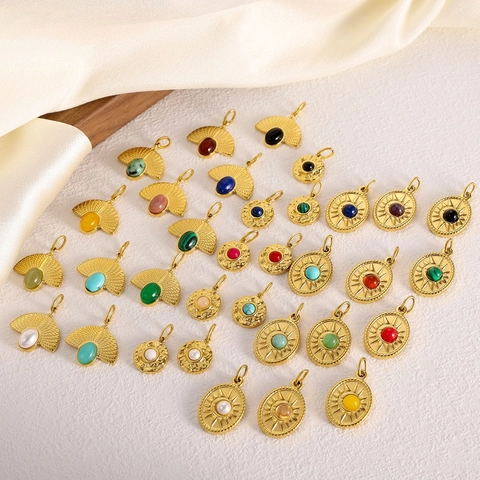 Fan Shaped Stainless Steel Pendants With Natural Stone Agate Turquoise For DIY Jewelry Making Vintage Ethnic Style Accessory