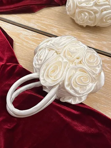 Sac À Main Fleur Rose 3D Satin Satin Sac De Soirée Pour Femmes Élégant Mariage Fête Sac Rond Style Rétro Français