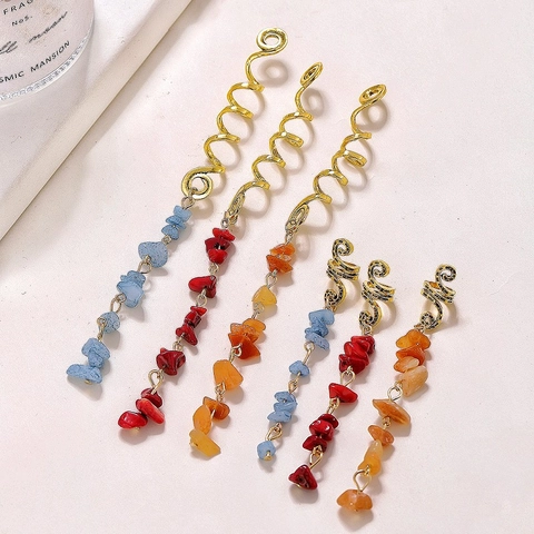 Bohemian Dreadlock Haarschmuck Naturstein Anhänger Gold Spiral Geflecht Ringe Ethnische Retro Haarnadeln Für Damen Party Schmuck