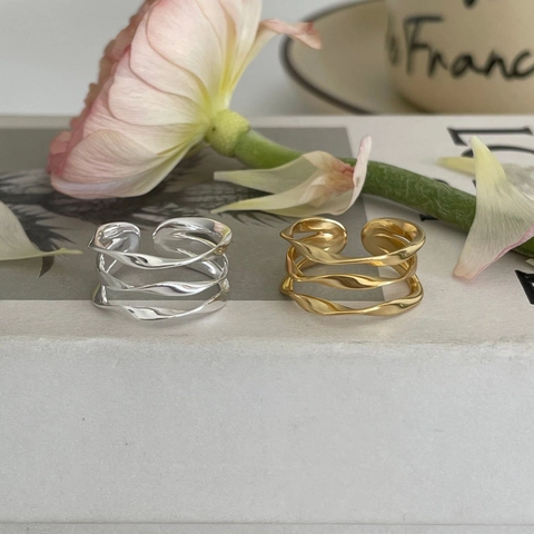 Wavy Multi Layer Ring 925 Sterling Silver Intersecting Hollow Line Minimalist Adjustable Open Band Jewelry For Women