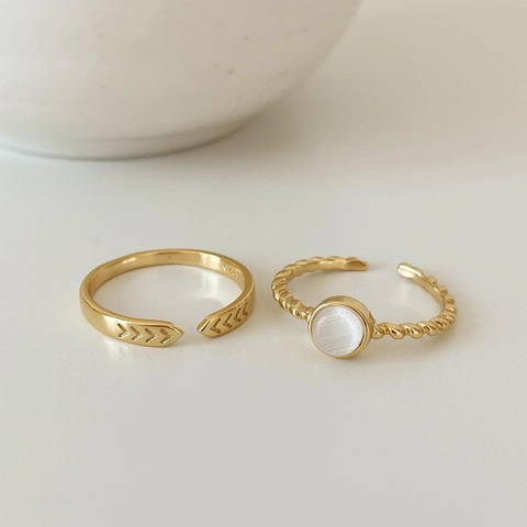 925 Sterling Silver Adjustable Open Rings Round Cat's Eye Stone V-Shape Engraved Minimalist Gold Plated Jewelry For Women
