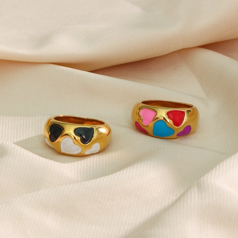 Anillo De Banda Ancha De Corazón De Esmalte De Acero Inoxidable Vintage Para Mujer Chapado En Oro 18K Joyería De Anillo De Dedo De Corazón