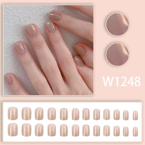 Short Square Round Press On Nails Nude Pink Ice Transparent Artificial Pearl Luster Glossy Artificial False Finger Nails