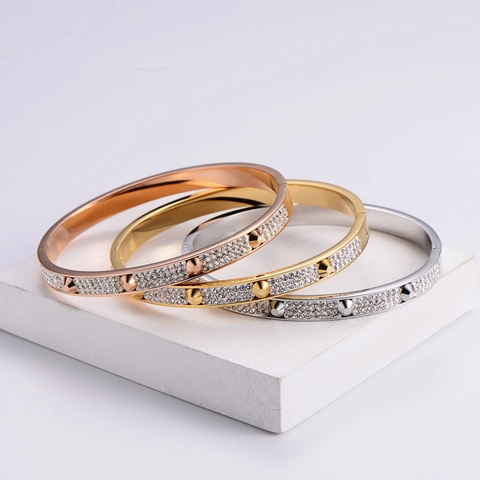 18K Gold Plated Nail Bangle Bracelet 316L Stainless Steel Rhinestone Hinged Rivet Spikes Elegant Punk Jewelry For Women