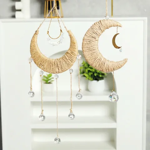 Mond Kristall Sonnenfänger Hängende Dekoration Hanfseil Gewebt Boho Wanddeko Garten Fenster