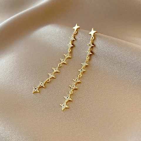 Orecchini a Frangia con Stella Lunga in Rame di Lusso Con Perno in Argento 925 Oro Zirconia Pendenti per Donna Gioielli