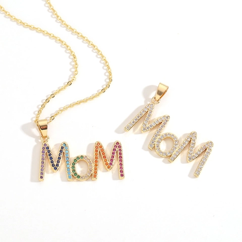 Mom Letter Pendant Necklace Gold Plated Copper Heart Shape With Colorful White Zircon Jewelry Gift For Mother Fashion