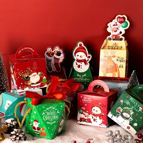 Christmas Gift Boxes Cardboard Ribbon Handheld Candy Apple Packaging Cartoon Santa Snowman Reindeer Pattern Holiday Party Favor Decorative