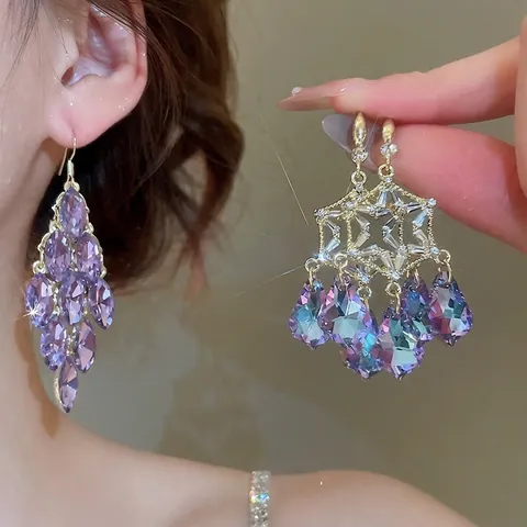 Orecchini Pendenti Con Nappe In Cristallo Viola Foglia Stella Eleganti Gioielli Moda Donna Con Perno Argento