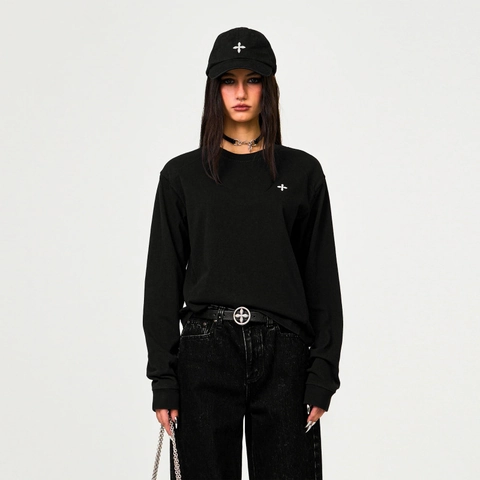 Sudadera De Algodón Para Mujer Bordado De Cruz Manga Larga Cuello Redondo Holgada Streetwear