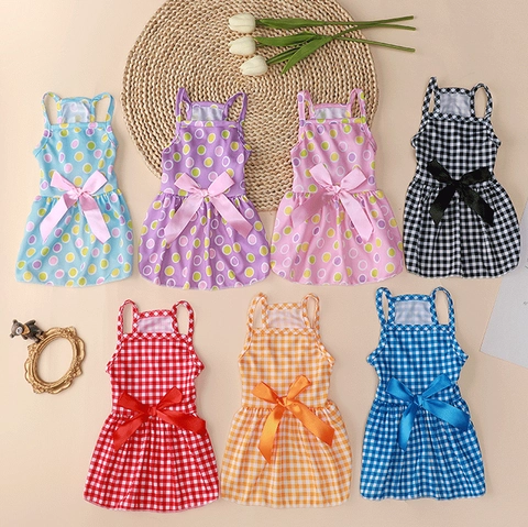 Pet Dress Summer Gingham Grid Polka Dot Princess Cute Bowknot Strappy Breathable Clothes For Small Dogs Cats