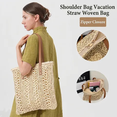 Woven Straw Tote Bag For Women Paper Crochet Large Capacity Summer Beach Vacation Shoulder Bag With PU Straps And Lining