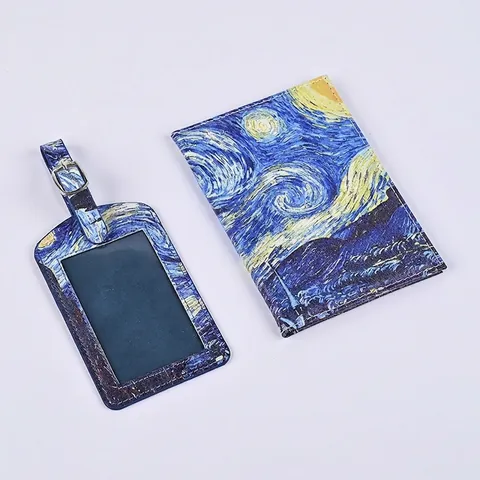 Van Gogh Starry Night Passport Holder And Luggage Tag PU Leather Travel Accessories Vintage Map Pattern Card Organizer