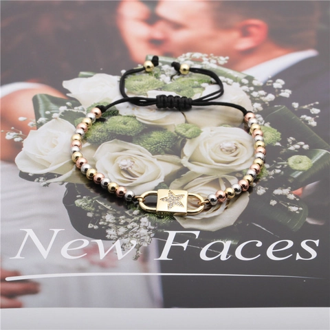 Pulsera De Amuleto Estrella Cobre Cuentas De Tres Colores Circón Ajustable Cuerda Negra Trenzada Joyería