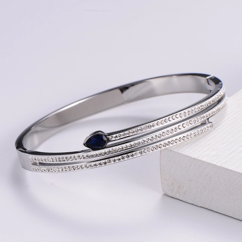Brazalete De Acero Inoxidable Para Mujer Chapado En Oro De 18K Lujo Circonita Piedra Gota De Agua Azul Tendencia