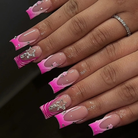 Press On Nails Pink White Gradient Zebra Print 3D Flowers Star Charms Long Square Artificial False Nail Tips For Women