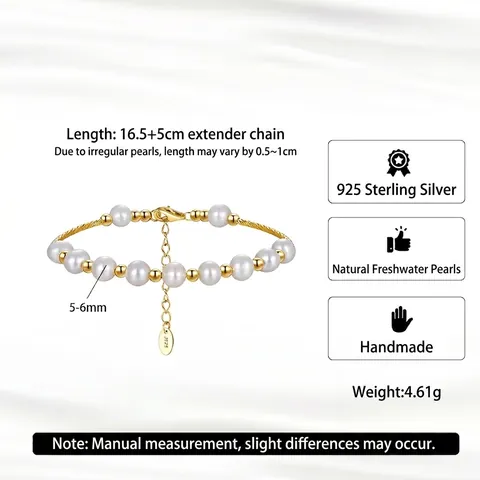 Bracciale Regolabile in Argento Sterling 925 con Perle d'Acqua Dolce per Donna Placcato Oro Stile Ins Minimalista Gioielli Eleganti Regalo