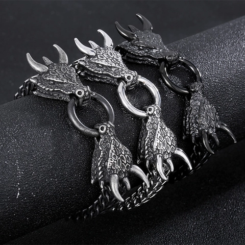 Men's Punk Animal Head Bracelet Stainless Steel Woven Mesh Chain Retro Dragon Wolf Biker Jewelry