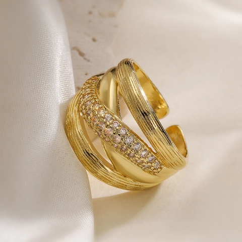 Irregular Geometrischer Ring Kupfer 18K Vergoldet Mehrlagig Kreuz Offen Verstellbar Zirkon Vintage Schmuck Für Damen