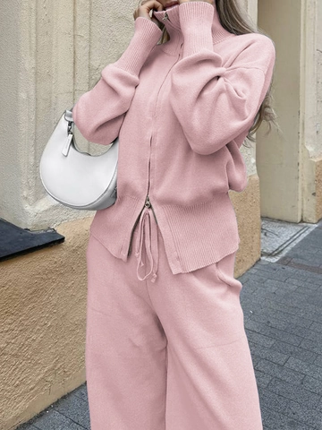 Women Knitted Jacket And Wide Leg Pants Elegant Solid Color Stand Collar Zip Up Loungewear Casual Winter Outfits