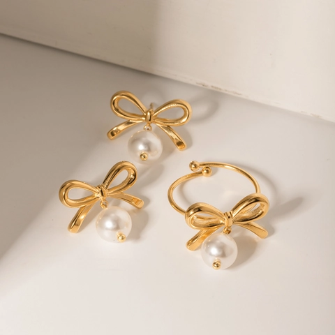 Bow Artificial Pearl Earrings 18K Gold Plated Stainless Steel With Heart Zircon Elegant Retro Drop Stud For Women Jewelry