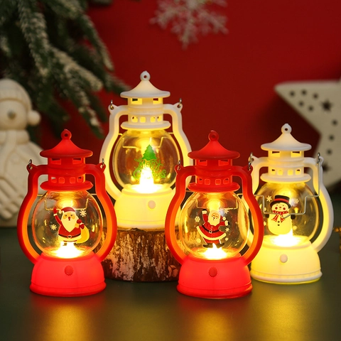 Christmas LED Lantern Retro Portable Night Light Plastic Santa Snowman Xmas Tree Hanging Decorative Lamp Warm Glow Holiday