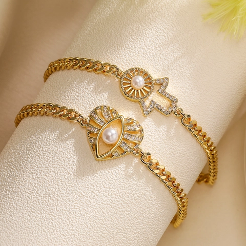 Evil Eye Herz Sonne Hamsa Hand Armband Kupfer Vergoldet Zirkon Künstliche Perle Kuba Kette Modeschmuck Damen
